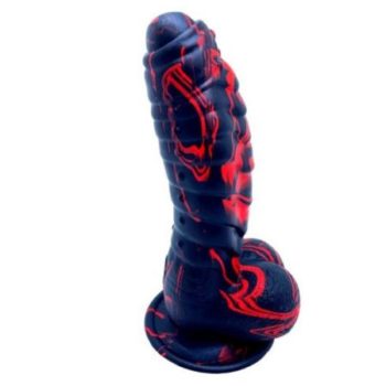 Dragon dildo i rød og sort farve med pirrende facon